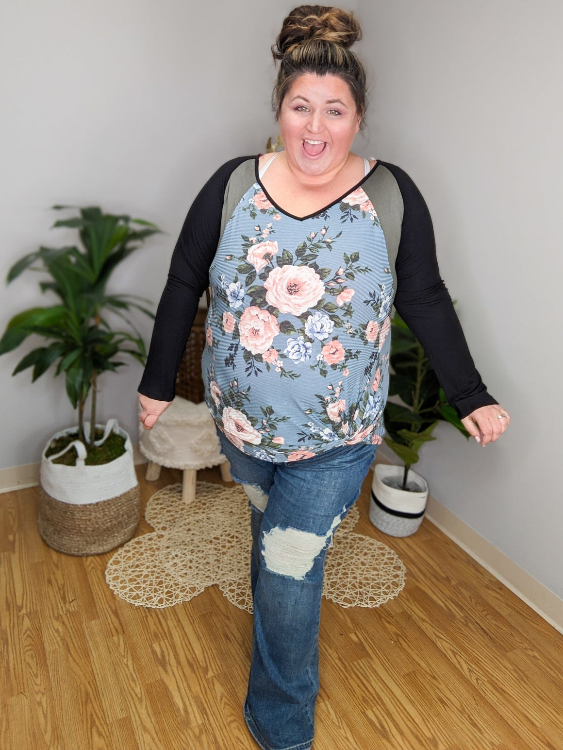 Blocked Beauty Floral Raglan Top LONG SLEEVE TOPS A.GAIN 