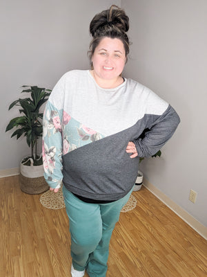 SALE- Draw the Eye Asymmetrical Colorblock Floral Pullover