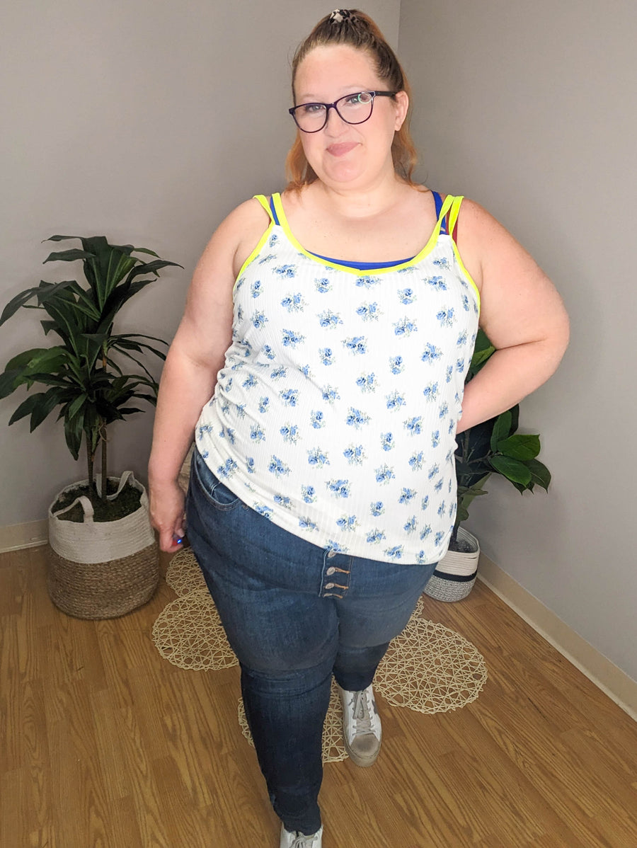 SALE- Petal Pop Neon Trim Floral Tank