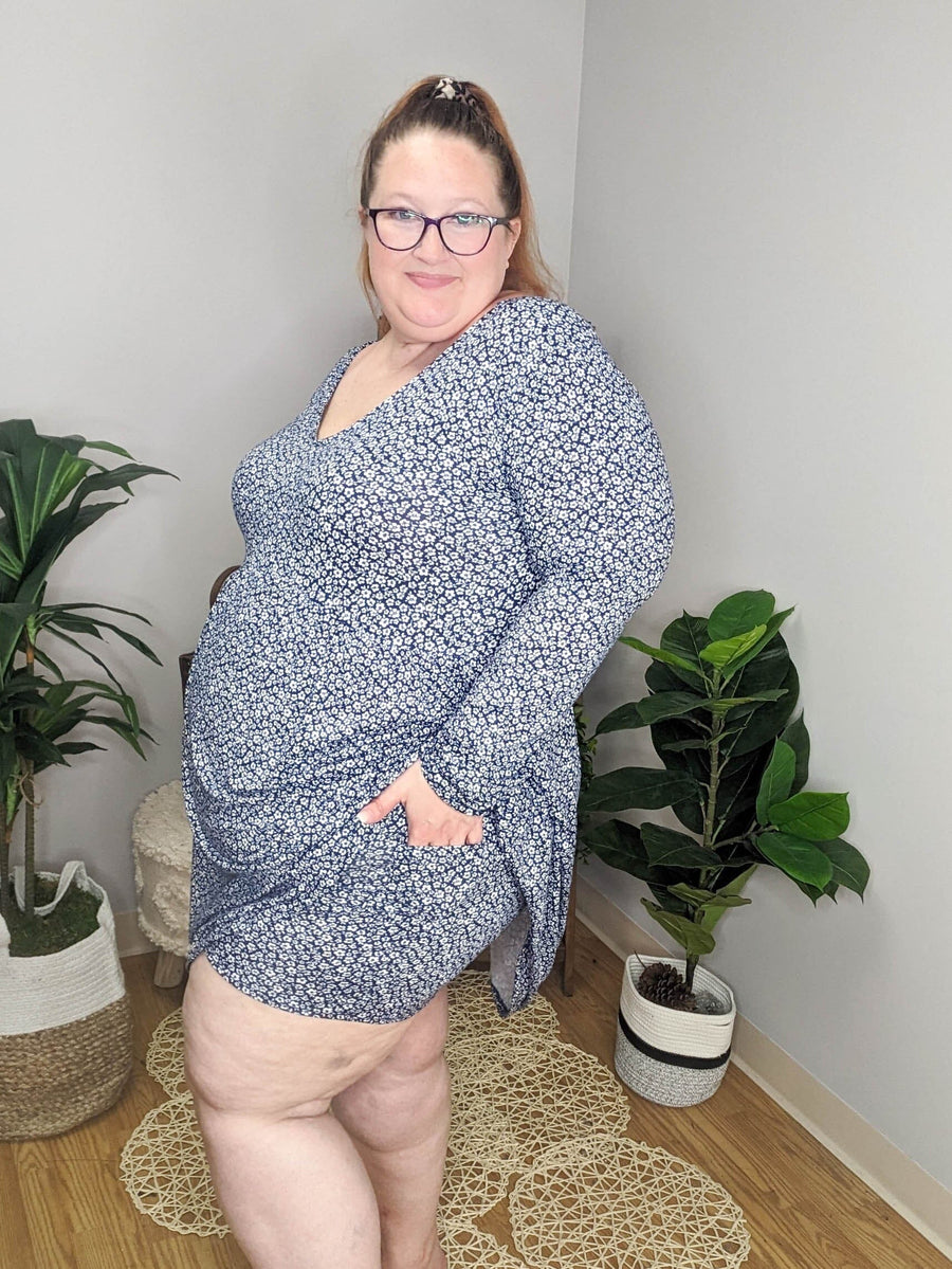 Long Sleeve Navy Floral Dress w/shorts dress WHITE BIRCH 