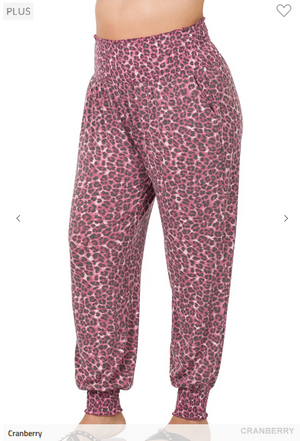SALE- Smocked Cranberry Animal Print Joggers