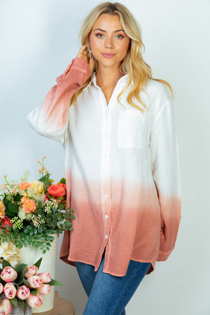 Gauze Dip Dye Buttondown w/Pockets LONG SLEEVE TOPS WHITE BIRCH 