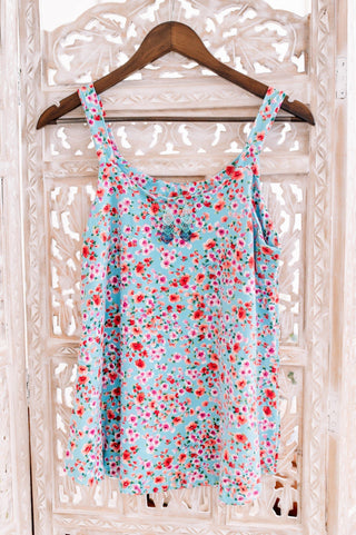 Reese Wide Strap Cami Tank in Ditsy Floral on Aqua-1- ShortSlv/Slvless Tops-WHITE BIRCH-Styled by Stacked - A Plus Size Women's Boutique in Lakeville, MN