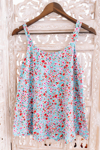 Reese Wide Strap Cami Tank in Ditsy Floral on Aqua-1- ShortSlv/Slvless Tops-WHITE BIRCH-Styled by Stacked - A Plus Size Women's Boutique in Lakeville, MN