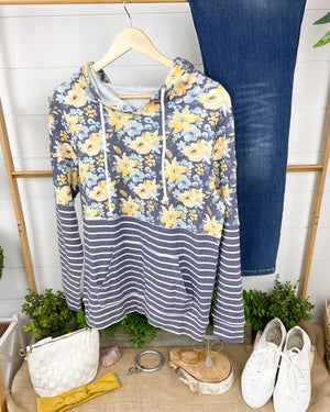 SALE- PHC- Gray + Yellow Floral Stripes Hoodie