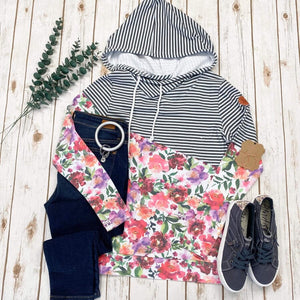 PHC- Asymmetrical Pullover Hoodie in Stripes + Floral LONG SLEEVE TOPS Michelle Mae 