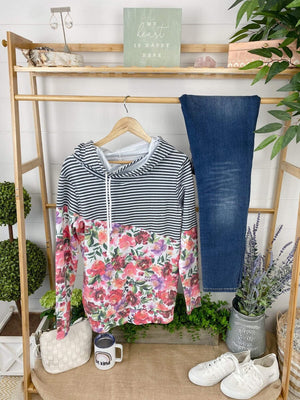 PHC- Asymmetrical Pullover Hoodie in Stripes + Floral LONG SLEEVE TOPS Michelle Mae 