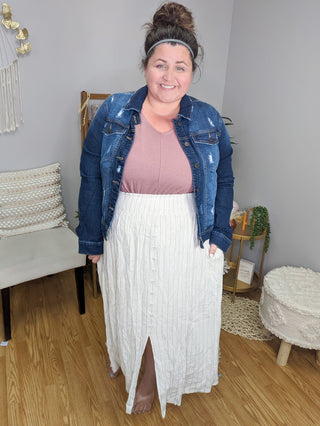 LA Lady Classic Distressed Stretch Denim Jacket (2 washes)-4- Overlayer Tops-enjean-Styled by Stacked - A Plus Size Women's Boutique in Lakeville, MN
