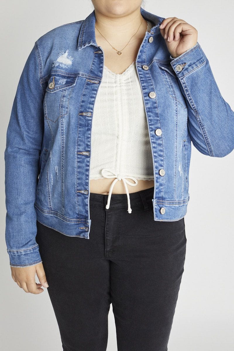 Frayed Hem Distressed Denim Jacket- Light Wash – Shop The Lady Luck