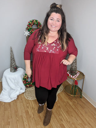 Jordan Floral Inset 3/4 Sleeve Flowy Top (2 Colors)-SHORT SLEEVE TOPS-voll-Styled by Stacked - A Plus Size Women's Boutique in Lakeville, MN