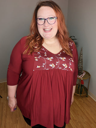 Jordan Floral Inset 3/4 Sleeve Flowy Top (2 Colors)-SHORT SLEEVE TOPS-voll-Styled by Stacked - A Plus Size Women's Boutique in Lakeville, MN
