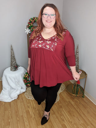 Jordan Floral Inset 3/4 Sleeve Flowy Top (2 Colors)-SHORT SLEEVE TOPS-voll-Styled by Stacked - A Plus Size Women's Boutique in Lakeville, MN