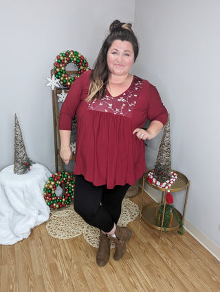 Jordan Floral Inset 3/4 Sleeve Flowy Top (2 Colors)-SHORT SLEEVE TOPS-voll-Styled by Stacked - A Plus Size Women's Boutique in Lakeville, MN
