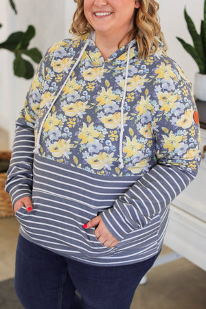 SALE- PHC- Gray + Yellow Floral Stripes Hoodie
